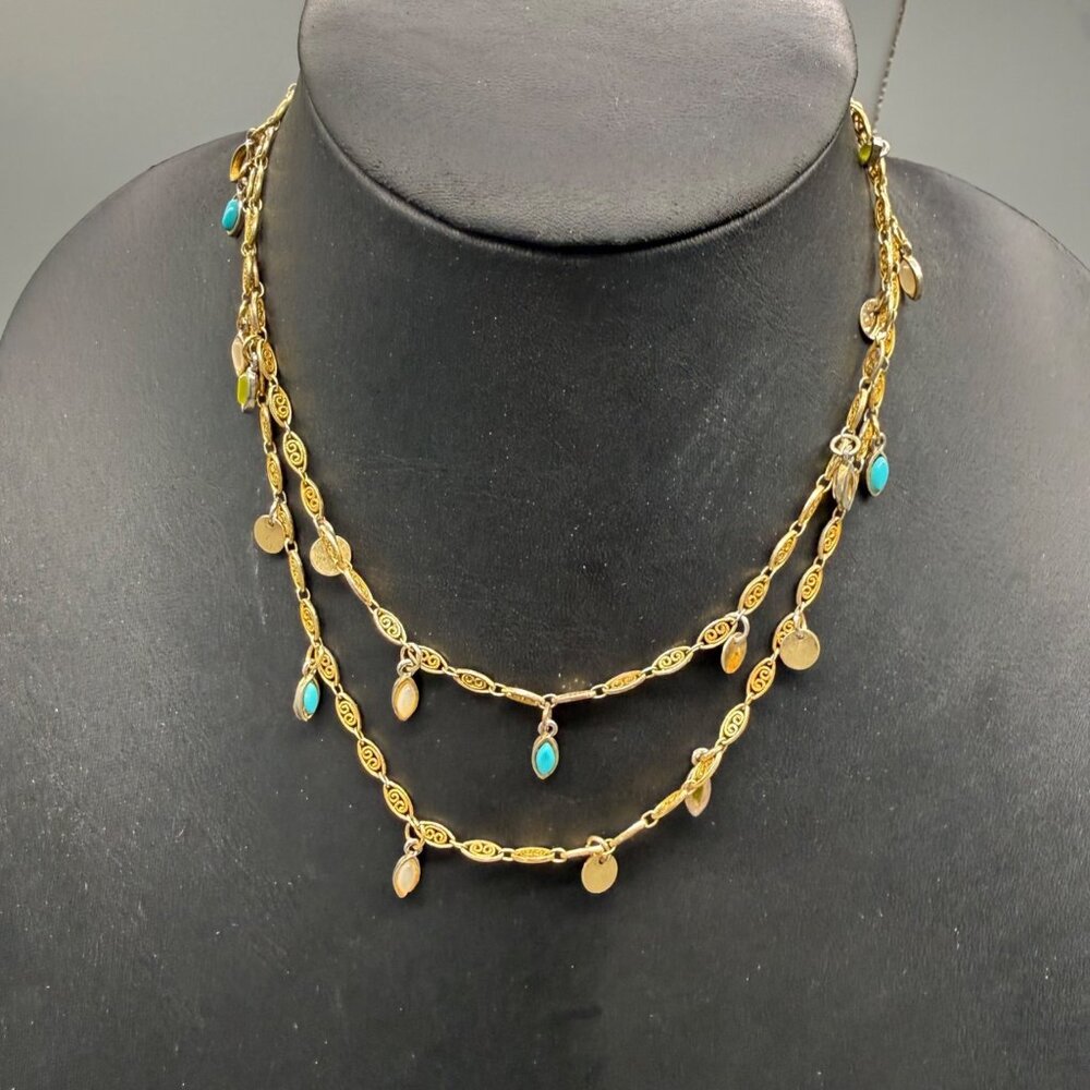 Gold-Tone Double Layer Necklace With Turquoise & White Stone Charms 16-17.5 Inch